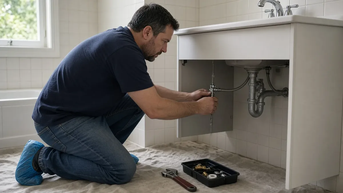 Plumber repairing a bathroom faucet supply line