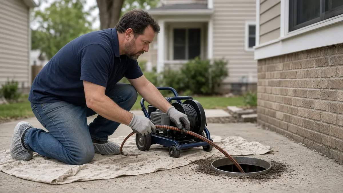 Plumber running a drain machine cable into a cleanout